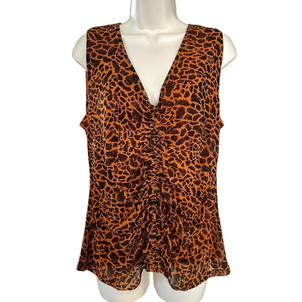 Jane & Delancey Women's Ruched Blouse Sleeveless Lined Sz L Animal Print Orange